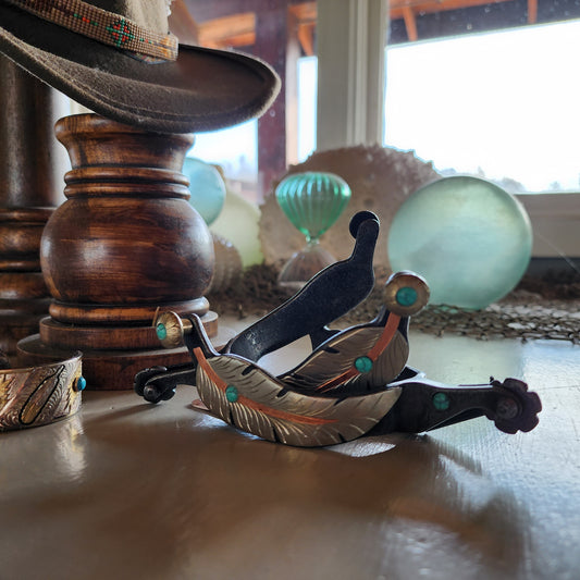 Copper and turquoise feather spurs